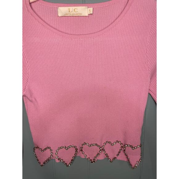 Lizette Collection pink crop sweater with heart rhinestones, Size Small - Picture 2 of 10